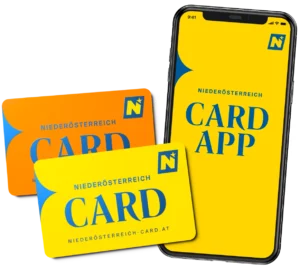 Abbildung Niederösterreich-Card Erwachsene, Kinder-Jugendliche und Card-App am Handy